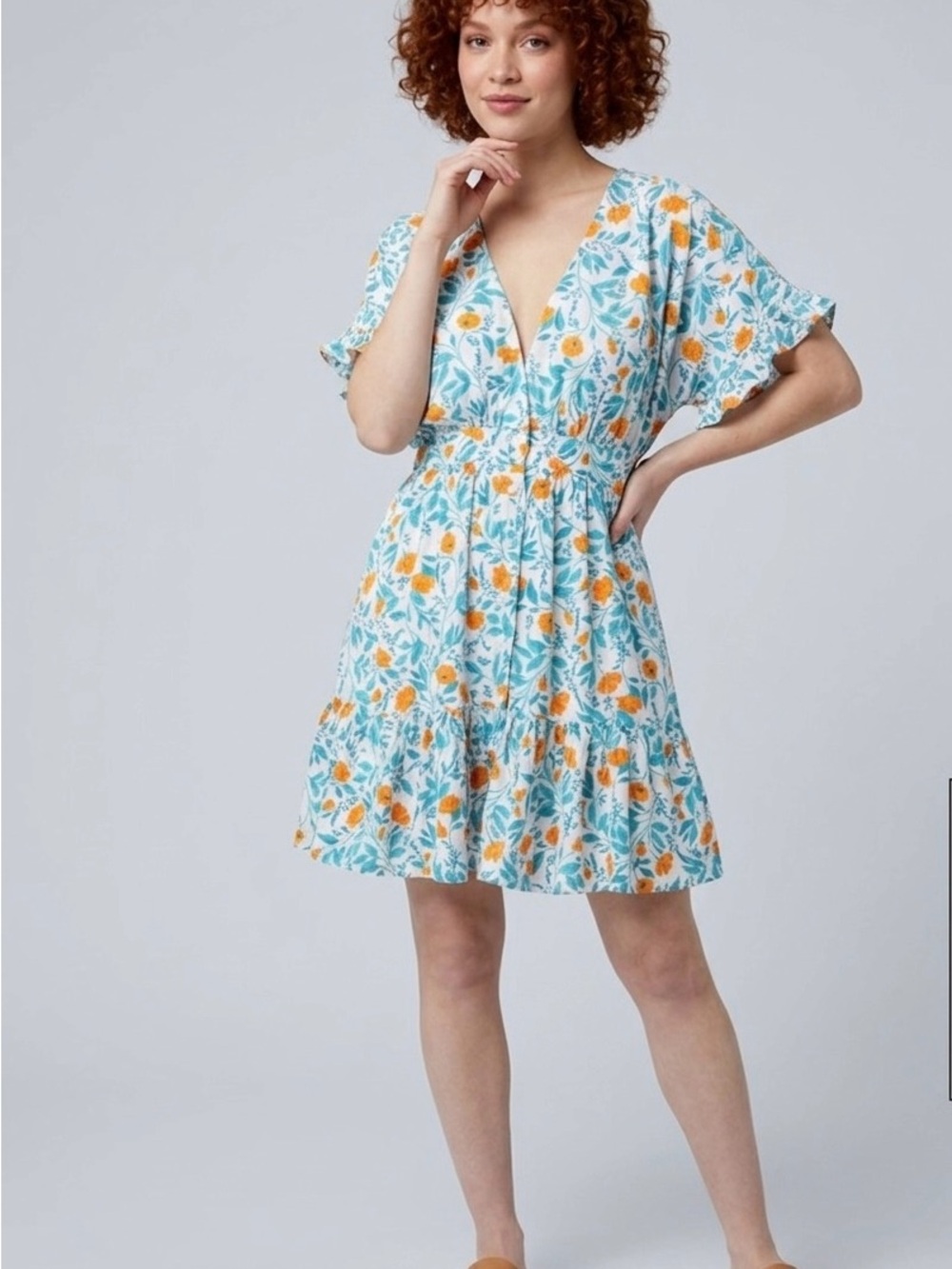 MINKPINK White Mini Dress with Orange Floral & Teal Leaves